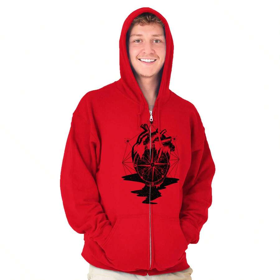 Diamond Bleeding Heart Compass Zip Up Hoodie Mens Womens - 紅色 - 查看 1