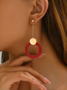1 对欧美风格圆形耳环，电镀简约漆面，女士个性化金属首饰套装 - 圓圈紅色 - 查看 1
