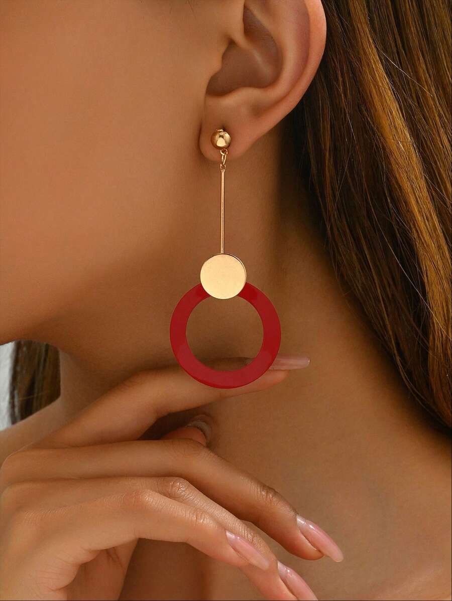 1 对欧美风格圆形耳环，电镀简约漆面，女士个性化金属首饰套装 - 圓圈紅色 - 查看 1