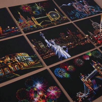 4 unidades DIY cena noturna arte pintura a riscos brinquedos de construção de cidade brinquedos presente de aniversário imagem da sala