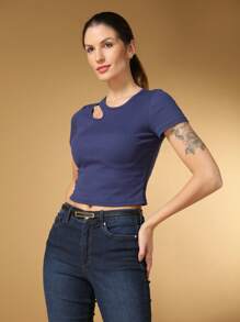 Steve Store Women's Fashion Polyester With Elastane Cropped With Basic Short Sleeves - Màu xanh hải quân - Xem 3