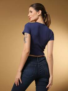 Steve Store Women's Fashion Polyester With Elastane Cropped With Basic Short Sleeves - Màu xanh hải quân - Xem 5