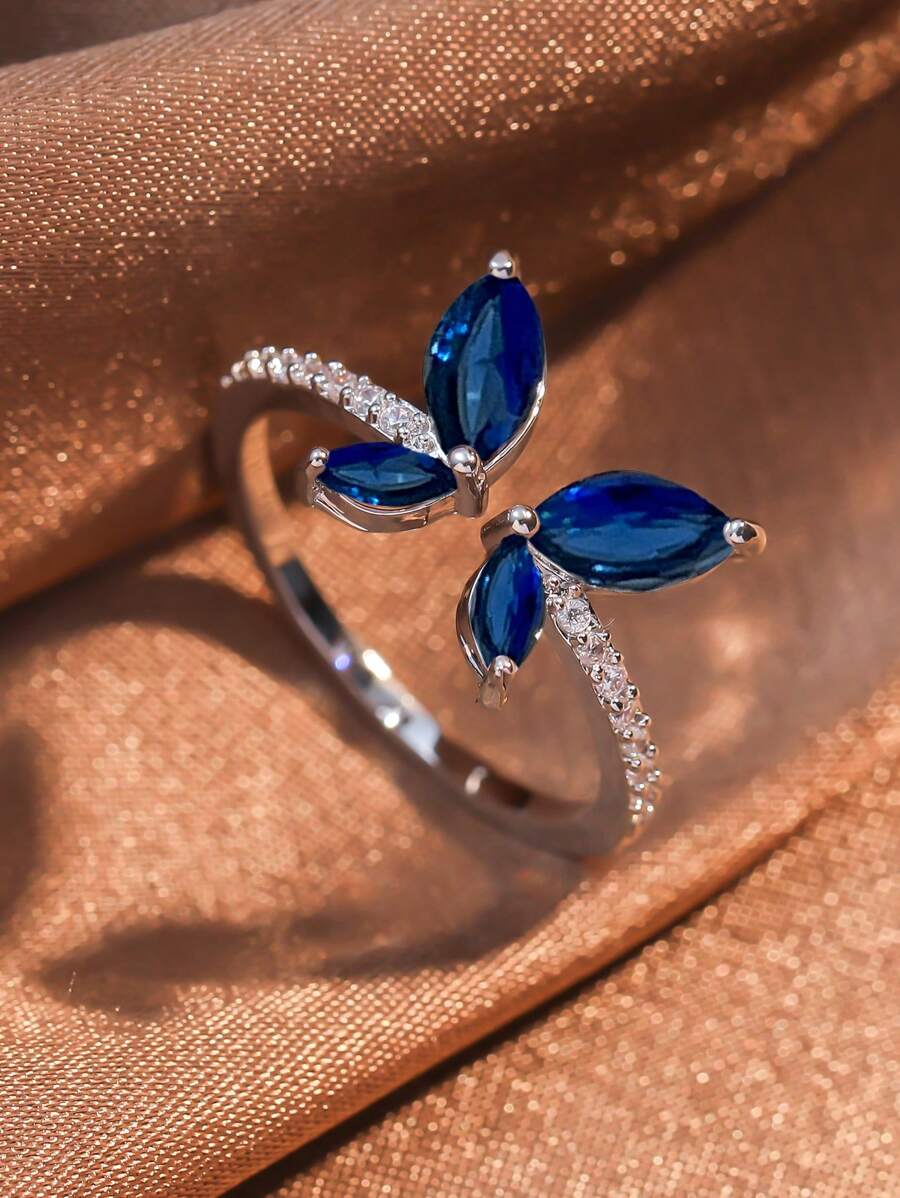 1pc Fashion Cubic Zirconia Butterfly Adjustable Ring For Women - Royal Blue Platinum Plated - View 1