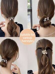 Women's Retro Style Hair Accessories Set, Including Ponytail Ties, Faux Pearl Trim Hair Scrunchies, And Rhinestone Decor (No Cardboard) - Ponytail Ties, Hair Bands, Elastic Hair Ties, Hair Scrunchies, Hair Rings, Gifts, Hair Ties Head Accessories Rubber Bands Holiday Accessories For Outdoor Activities, Vacation, Travel, Outfit Accessories, And Gifting,Festival,Party - Multicolor - View 6