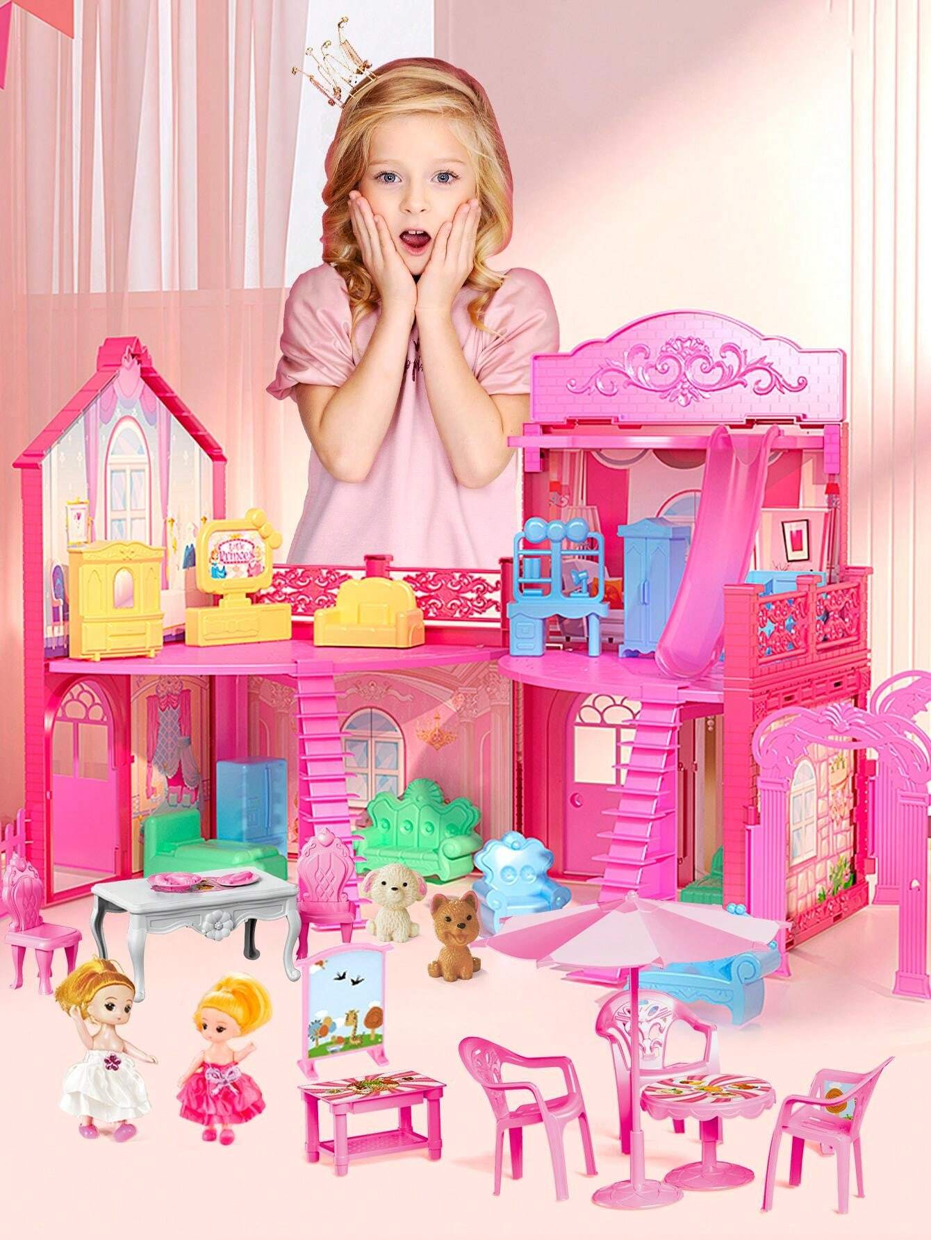 Doll House For Girls Toddlers Kids, DIY Dollhouse Girl Toys With Dolls