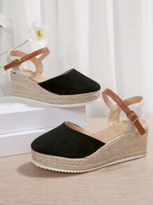 女士厚底坡跟防水踝带封闭式趾休闲凉鞋，夏季 - 黑色 - 查看 2