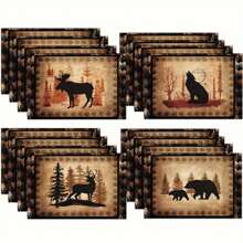 4 件乡村野生动物图案餐垫，带有鹿、狼、熊图案，涤纶隔热桌垫，适用于家庭和节日活动 - 棕色 - 查看 1