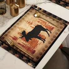 4 件乡村野生动物图案餐垫，带有鹿、狼、熊图案，涤纶隔热桌垫，适用于家庭和节日活动 - 棕色 - 查看 5