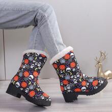2024 Winter New Thick Sole Waterproof Anti-Slip Snow Boots, Mid-Calf Short Boots, Warm Plush Lined, Halloween Skull & Pumpkin Design