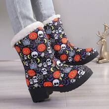2024 Winter New Thick Sole Waterproof Anti-Slip Snow Boots, Mid-Calf Short Boots, Warm Plush Lined, Halloween Skull & Pumpkin Design