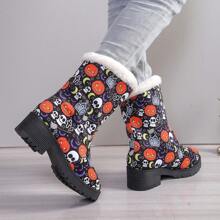 2024 Winter New Thick Sole Waterproof Anti-Slip Snow Boots, Mid-Calf Short Boots, Warm Plush Lined, Halloween Skull & Pumpkin Design
