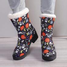 2024 Winter New Thick Sole Waterproof Anti-Slip Snow Boots, Mid-Calf Short Boots, Warm Plush Lined, Halloween Skull & Pumpkin Design