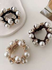 Women's Retro Style Hair Accessories Set, Including Ponytail Ties, Faux Pearl Trim Hair Scrunchies, And Rhinestone Decor (No Cardboard) - Ponytail Ties, Hair Bands, Elastic Hair Ties, Hair Scrunchies, Hair Rings, Gifts, Hair Ties Head Accessories Rubber Bands Holiday Accessories For Outdoor Activities, Vacation, Travel, Outfit Accessories, And Gifting,Festival,Party - Multicolor - View 7