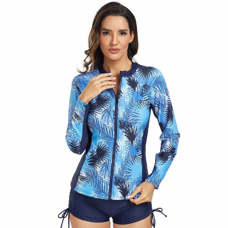 Elegante traje de baño de una pieza, Ropa de Licra de Mujer, jersey con cremallera. Tejido con protección UV, de secado rápido y transpirable. Adecuado para la playa, buceo, natación. Un buen regalo. - Azul - Ver 1