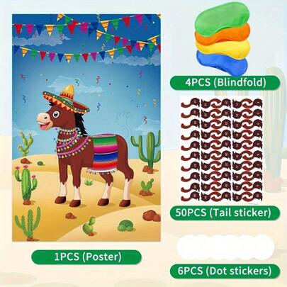1 套 Pin The Tail On The Donkey 派对游戏，含 50 个尾巴，大型墨西哥驴游戏海报，适用于生日派对嘉年华狂欢派对用品、圣诞节