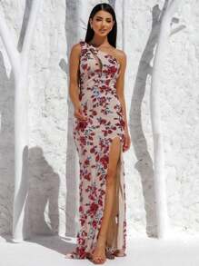 Beige Party Prom Dress With Flower Embroidery In Sequins One Shoulder With Cutout And High Slit At The Thigh - 米色 - 查看 3