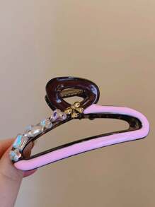 1pc Pink And Beige Color Block Rhinestone Heart Hair Claw Clip, Big Size, Vibrant Girl Style - Multicolor - View 5
