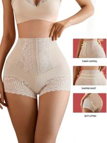 1pc Women Lace Shapewear Leggings, Seamless High Waist Tummy Control Pants, Sexy Floral Trim Slimming Underwear, Leggings