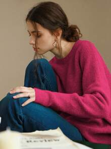 Knit Mix Áo len nữ kiểu Pháp thanh lịch, dáng rộng thoải mái, tay dài, cổ tròn, thích hợp cho mùa thu/đông, lý tưởng cho Giáng sinh, Lễ Tạ ơn, Năm mới và các ngày lễ khác, cũng như Ngày Valentine, mùa tựu trường và thời trang mùa thu. - quả mâm xôi đỏ - Xem 5