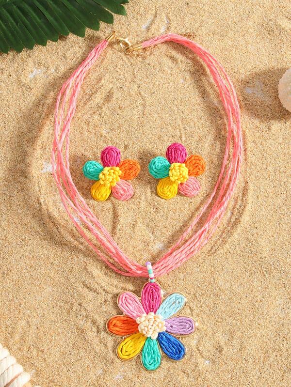 Set de 3 piezas de collar y aretes hechos a mano de estilo bohemio con flores de ratán de colores, adecuados para uso diario, fiestas y vacaciones en la playa de las mujeres