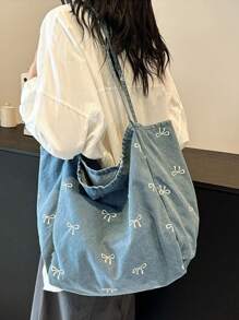 Bolso de lona lavado con lazo de moda casual coreana, versátil y muy atractivo, de gran capacidad, ideal para el trabajo, viajes, compras, vuelta al cole y como bolso de mano dulce para señoras - Azul - Ver 5