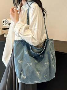 Bolso de lona lavado con lazo de moda casual coreana, versátil y muy atractivo, de gran capacidad, ideal para el trabajo, viajes, compras, vuelta al cole y como bolso de mano dulce para señoras - Azul - Ver 6