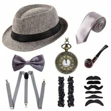 8 件纯色复古了不起的盖茨比男士配饰套装、配饰套装、万圣节舞会服装角色扮演派对