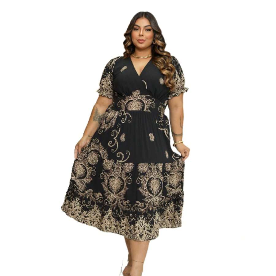 Plus Size Midi Dress Wears Size 46 To 52 - màu đen - Xem 1