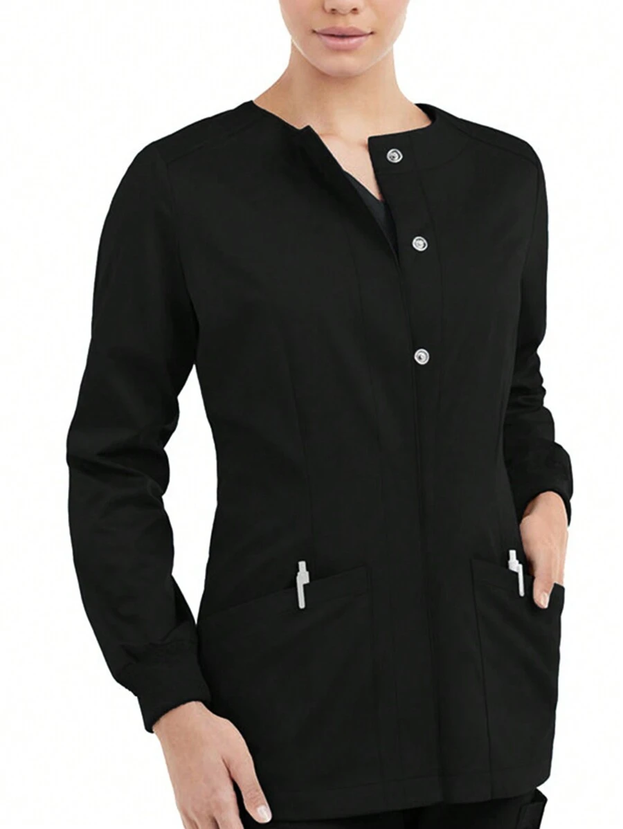Women's Fitted Front-Zipper Scrubs Uniform Jacket With Pockets, Long Sleeve Winter Clothes For Women - Black - View 1