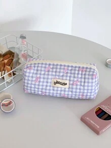 1 pieza Estuche de lápices con lazo y estampado a cuadros, estilo fresco, diseño coreano de vuelta a la escuela, útiles escolares, estuche de lápices, mochila escolar