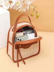 1 bucă geantă tote țesătă cu paie, cu bloc de culoare retro de vară, geantă de mână/rucsac minimalistă, geantă universală pentru studenți/de plajă, geantă nouă pentru femei 2024, ușoară
