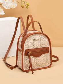 1 bucă geantă tote țesătă cu paie, cu bloc de culoare retro de vară, geantă de mână/rucsac minimalistă, geantă universală pentru studenți/de plajă, geantă nouă pentru femei 2024, ușoară