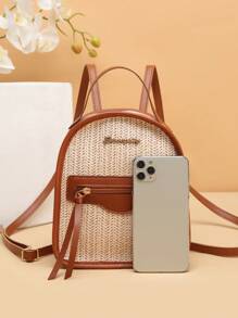 1 bucă geantă tote țesătă cu paie, cu bloc de culoare retro de vară, geantă de mână/rucsac minimalistă, geantă universală pentru studenți/de plajă, geantă nouă pentru femei 2024, ușoară