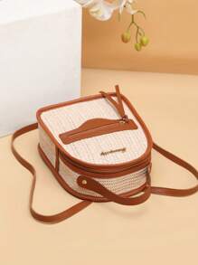 1 bucă geantă tote țesătă cu paie, cu bloc de culoare retro de vară, geantă de mână/rucsac minimalistă, geantă universală pentru studenți/de plajă, geantă nouă pentru femei 2024, ușoară