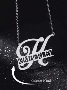 Customized Initials Necklace, Middle Filled Name Pendant Necklace, Fashion Stainless Steel Necklace, Initial Name Plate Chain Choker Laser Cutting Custom Necklace For Women Jewelry Gift Accessories Party Birthday Gift - Silver - View 1
