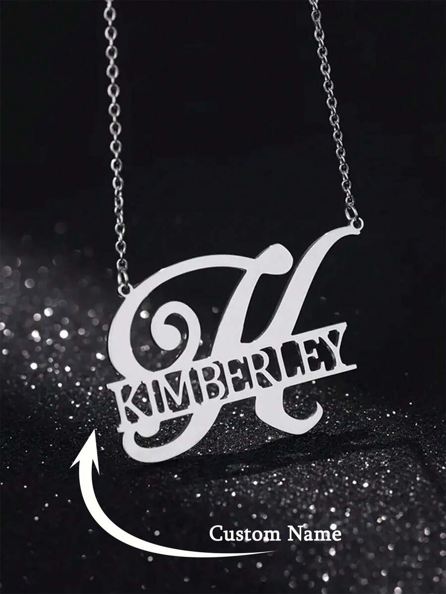 Customized Initials Necklace, Middle Filled Name Pendant Necklace, Fashion Stainless Steel Necklace, Initial Name Plate Chain Choker Laser Cutting Custom Necklace For Women Jewelry Gift Accessories Party Birthday Gift - Silver - View 1