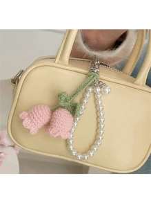 1pc Handmade White/Pink Woven Flower Backpack/Bookbag/Purse Pendant, Faux Pearl Decorated Bracelet / Keychain / Keyring, Crochet Flower Trinket In Summer Keychain Charms Lanyard For Keys Keychain Wristlet Gifts For Women Valentines