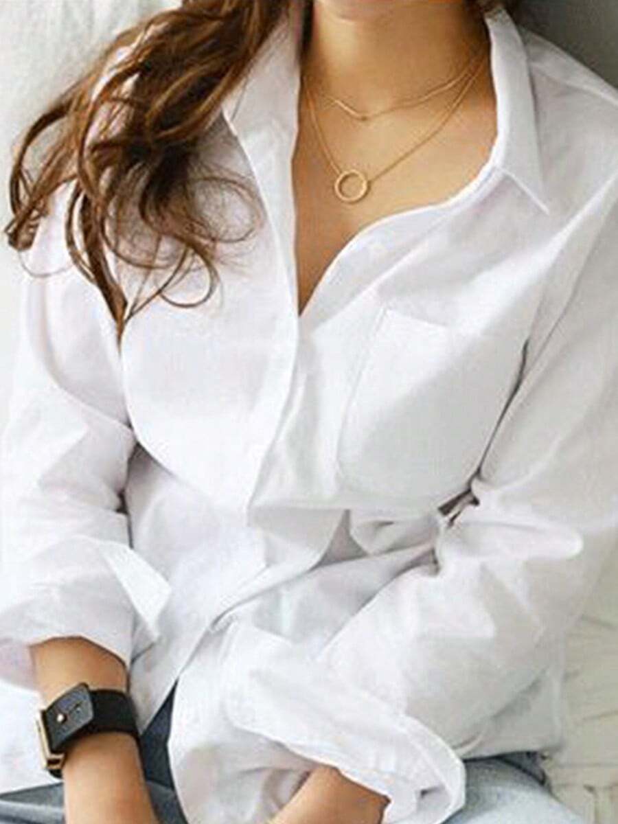 Camisa francesa con hombros caídos, botones y bolsillos  Camisa de manga larga básica de color sólido de nueva temporada de primavera, estilo profesional, ajustada y que adelgaza, con cuello vuelto - Blanco - Ver 1