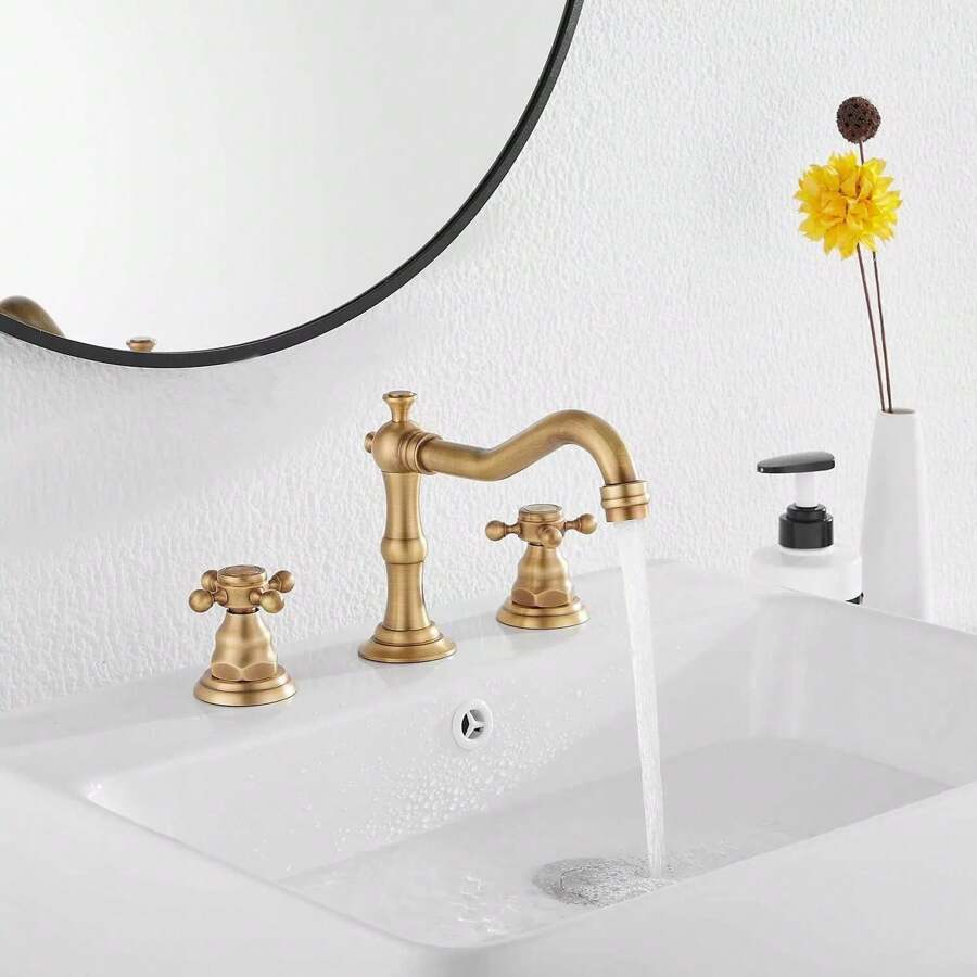 Zhuomixer 8-Inch Wide-Spaced Bathroom Basin Faucet (Antique Brassl), Dual-Handle Three-Hole Bathroom Sink Faucet, Hot/Cold Water Mixer With Pop-Up Drain Plug, Suitable For Bathrooms, Kitchens, Laundry Rooms, RVs, Hotels, Apartments, Washroom Sinks, And Vanity Sinks - Antique Brass - View 1
