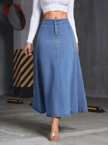 Fashionable Single-Breasted High Waist Casual Loose Maxi Denim Skirt With Stretch For Women - Blue - View 1