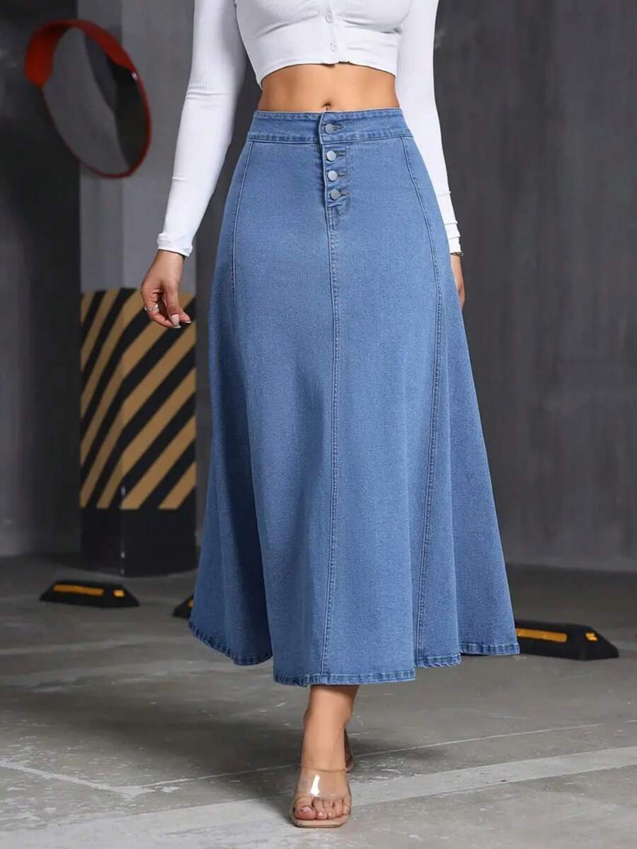 Fashionable Single-Breasted High Waist Casual Loose Maxi Denim Skirt With Stretch For Women - Blue - View 1