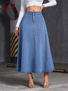 Fashionable Single-Breasted High Waist Casual Loose Maxi Denim Skirt With Stretch For Women - Blue - View 3