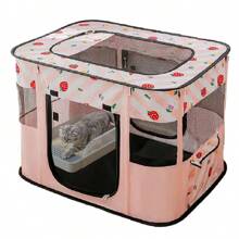 1入組卡通粉紅色草莓印花可摺疊寵物帳篷，八角牛津布狗籠貓窩，封閉式寵物圍欄抗刮養殖箱