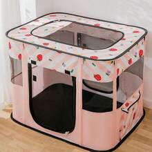 1入組卡通粉紅色草莓印花可摺疊寵物帳篷，八角牛津布狗籠貓窩，封閉式寵物圍欄抗刮養殖箱