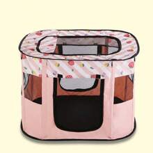 1入組卡通粉紅色草莓印花可摺疊寵物帳篷，八角牛津布狗籠貓窩，封閉式寵物圍欄抗刮養殖箱