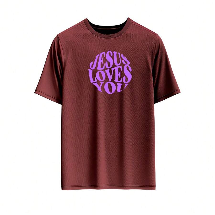 100% Cotton Men's T-Shirt Launch With Print "Jesus Loves You" On The Front High Resolution Unisex - 紅色 - 查看 1