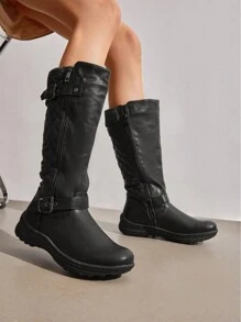 Women'S Black Knee High Boots Tall Faux Furs Lined Retro Winter Fashion Rading Boots For Women 5M US - 黑色 - 查看 1