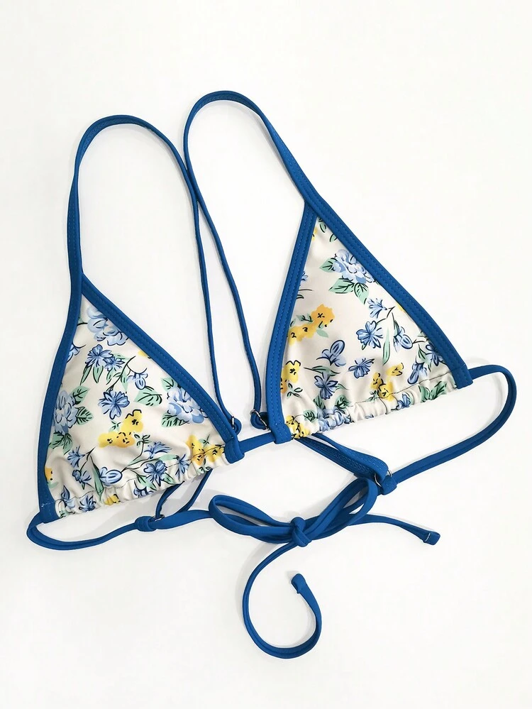 סט בגד ים ביקיני חמוד עם הדפס פרחוני לנשים, חוף קיץ - כחול - ראה 3
