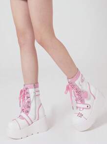 Womens Goth Patent Ankle Boots Platform Chunky High Heel Lace Up Combat Boots Punk Short Booties - Hồng - Xem 5