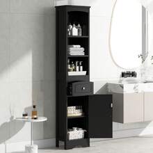 Dolonm Tall Bathroom Cabinet With Doors, Drawers, And Adjustable Shelves - 66.9 In. Tall Freestanding Storage Cabinet With 1 Door, 1 Drawer, And 3 Open Shelves, MDF, Bathroom, Toilet, Living Room, And Kitchen Linen Towers Corner Storage Cabinets - 黑色 - 查看 5